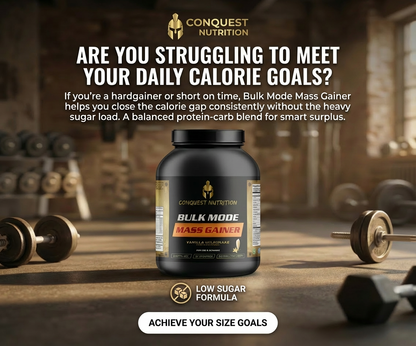Conquest Nutrition Bulk Mode Mass Gainer supplement bottle with gym equipment in the background