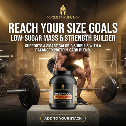 Advertisement for Conquest Nutrition Bulk Mode Mass Gainer with a person lifting weights in a gym.