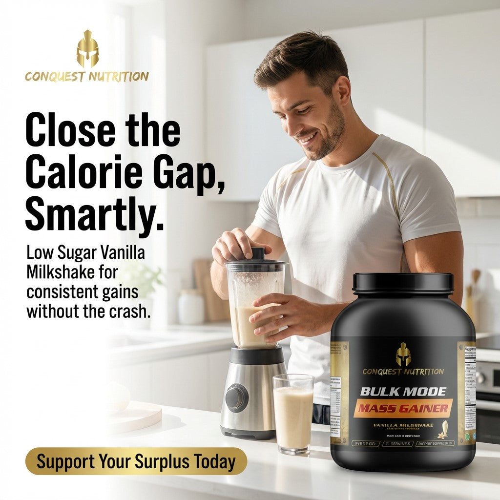 Man preparing a milkshake with a protein supplement container in a kitchen setting, featuring Conquest Nutrition branding.