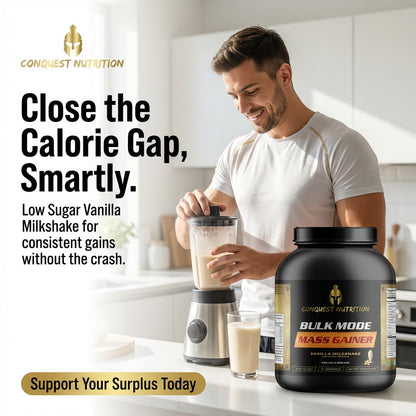 Man preparing a milkshake with a protein supplement container in a kitchen setting, featuring Conquest Nutrition branding.