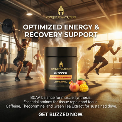 Conquest Nutrition Buzzed supplement container with athletes in a gym setting