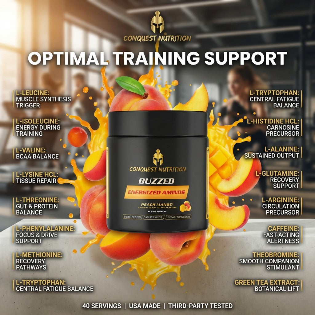 Conquest Nutrition Buzzed Energized Aminos supplement container with peach and mango graphics and nutritional information.