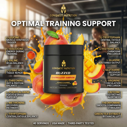 Conquest Nutrition Buzzed Energized Aminos supplement container with peach and mango graphics and nutritional information.
