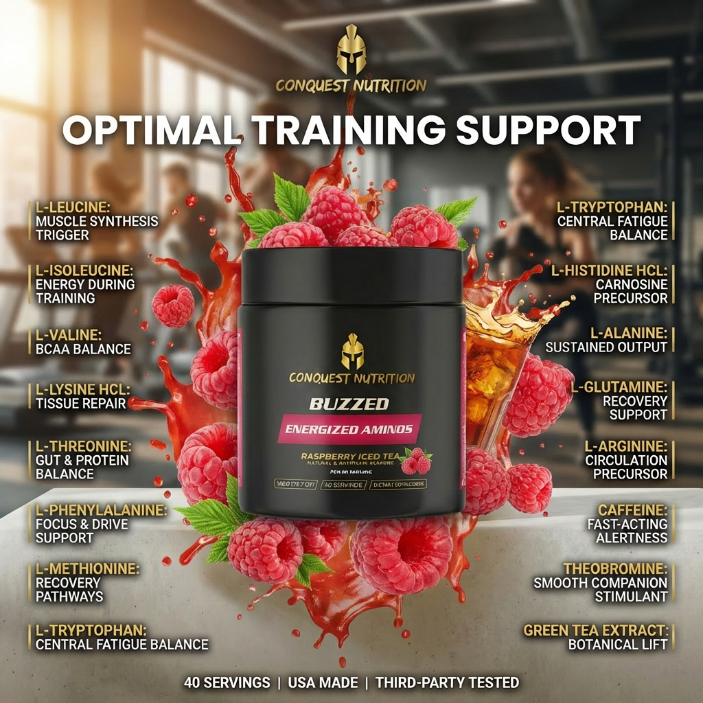 Conquest Nutrition Buzzed Energized Aminos container with raspberries and a blurred gym background
