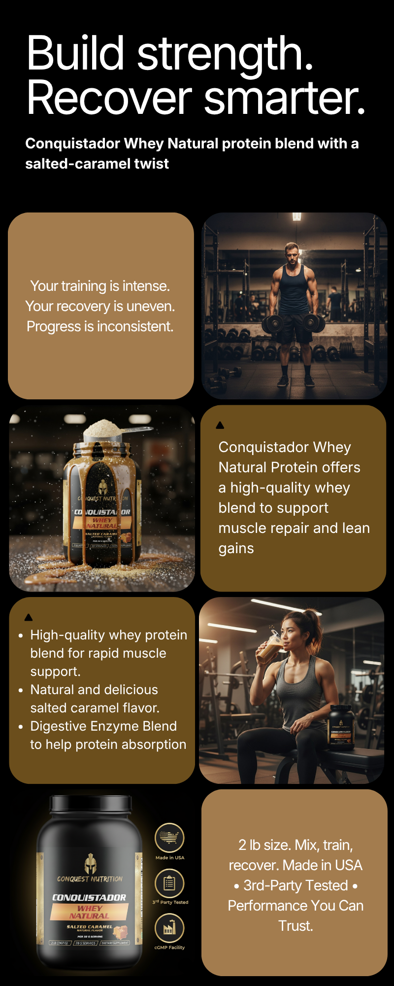 Advertisement for Conquistador Whey protein blend with a salted-caramel flavor, featuring images of a person working out and product packaging.