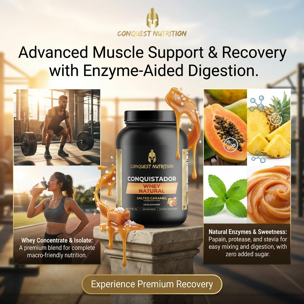 Advertisement for Conquest Nutrition whey protein supplement with images of a gym, people exercising, and fruit.