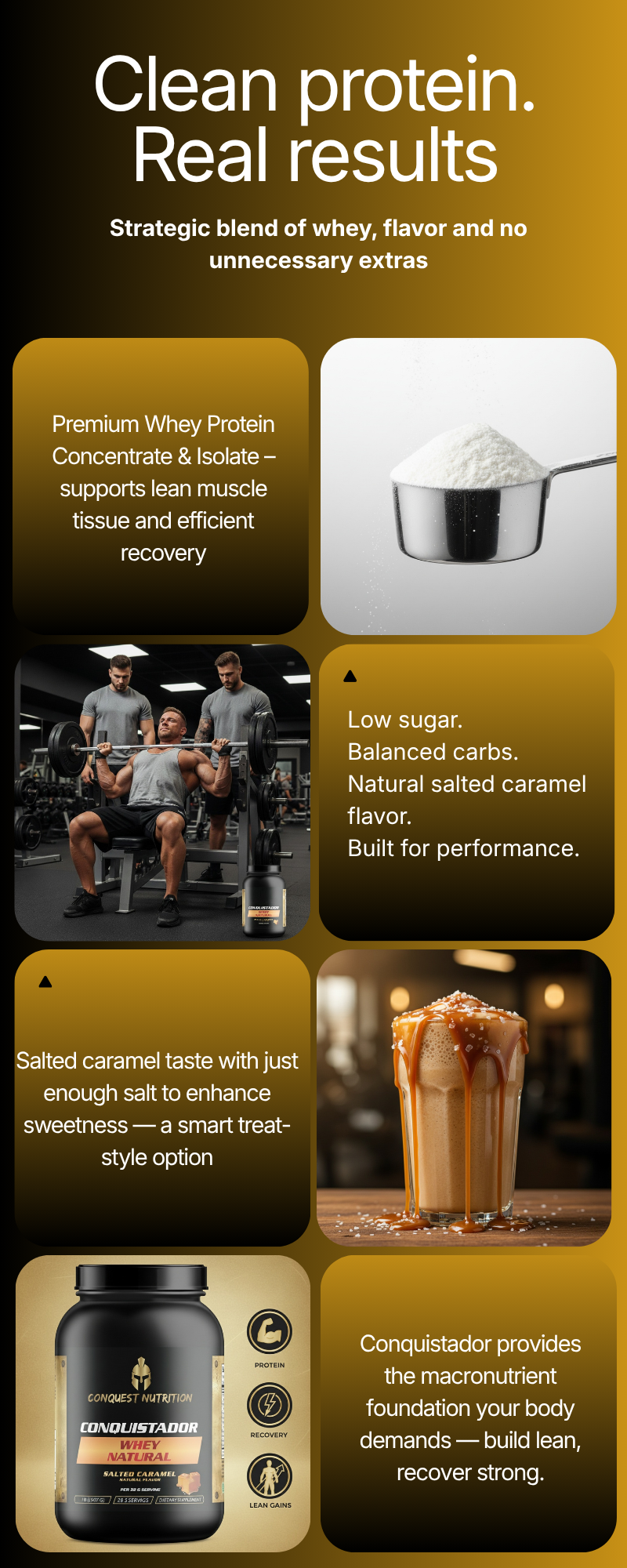 Promotional graphic for a protein product with text and images of people working out and a protein shake.