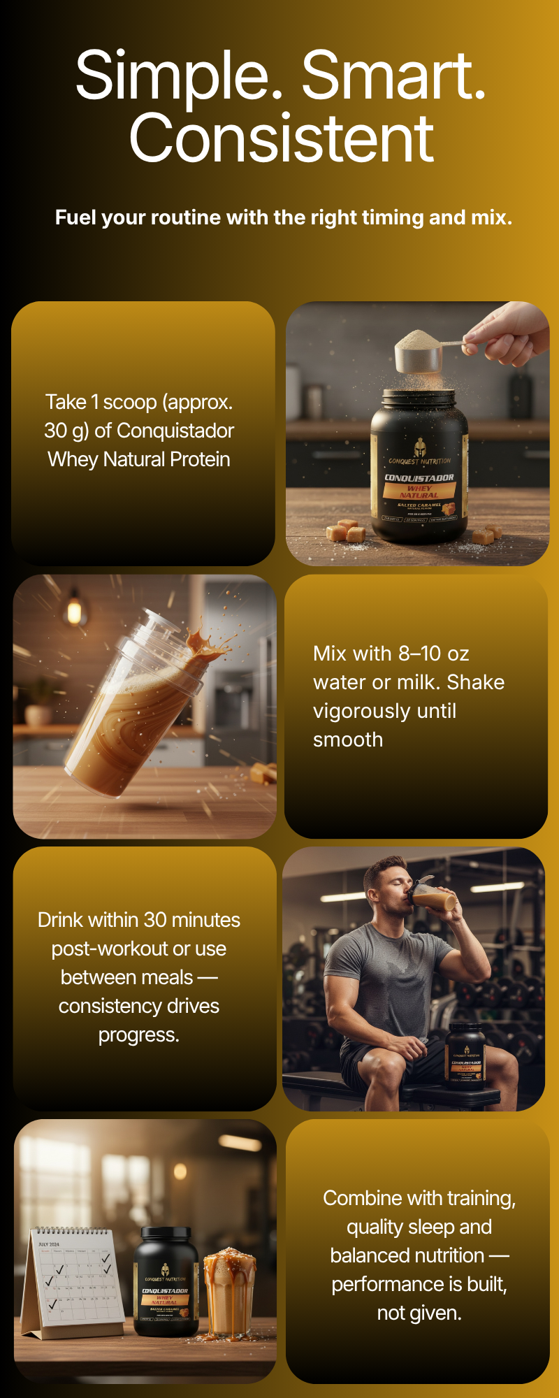 Whey protein packaging with usage instructions and promotional text on a yellow background