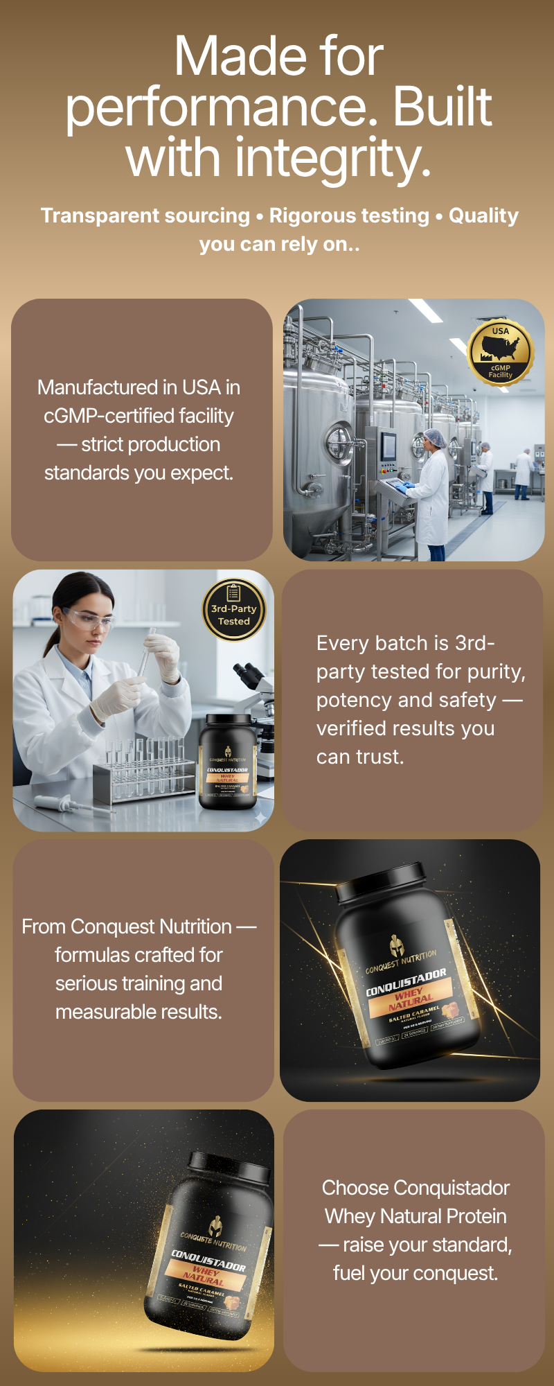 Advertisement for Conquestador Nutrition products with text and images of people and protein products.