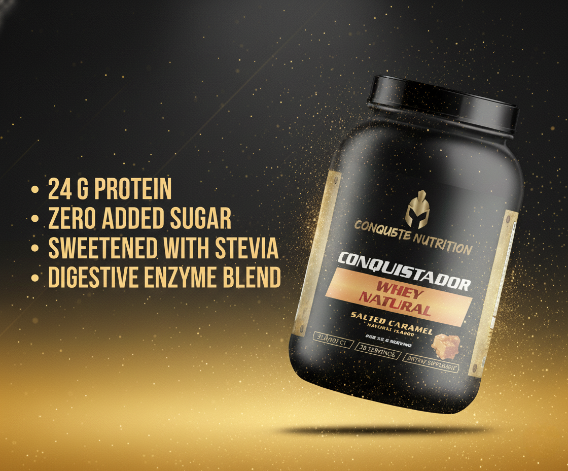 Conquista Nutrition Conquistador Whey Natural protein powder container on a black and gold gradient background