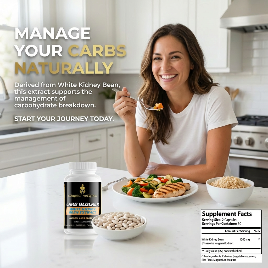 Woman eating a meal with a supplement container labeled 'Carb Blocker' in a kitchen setting.