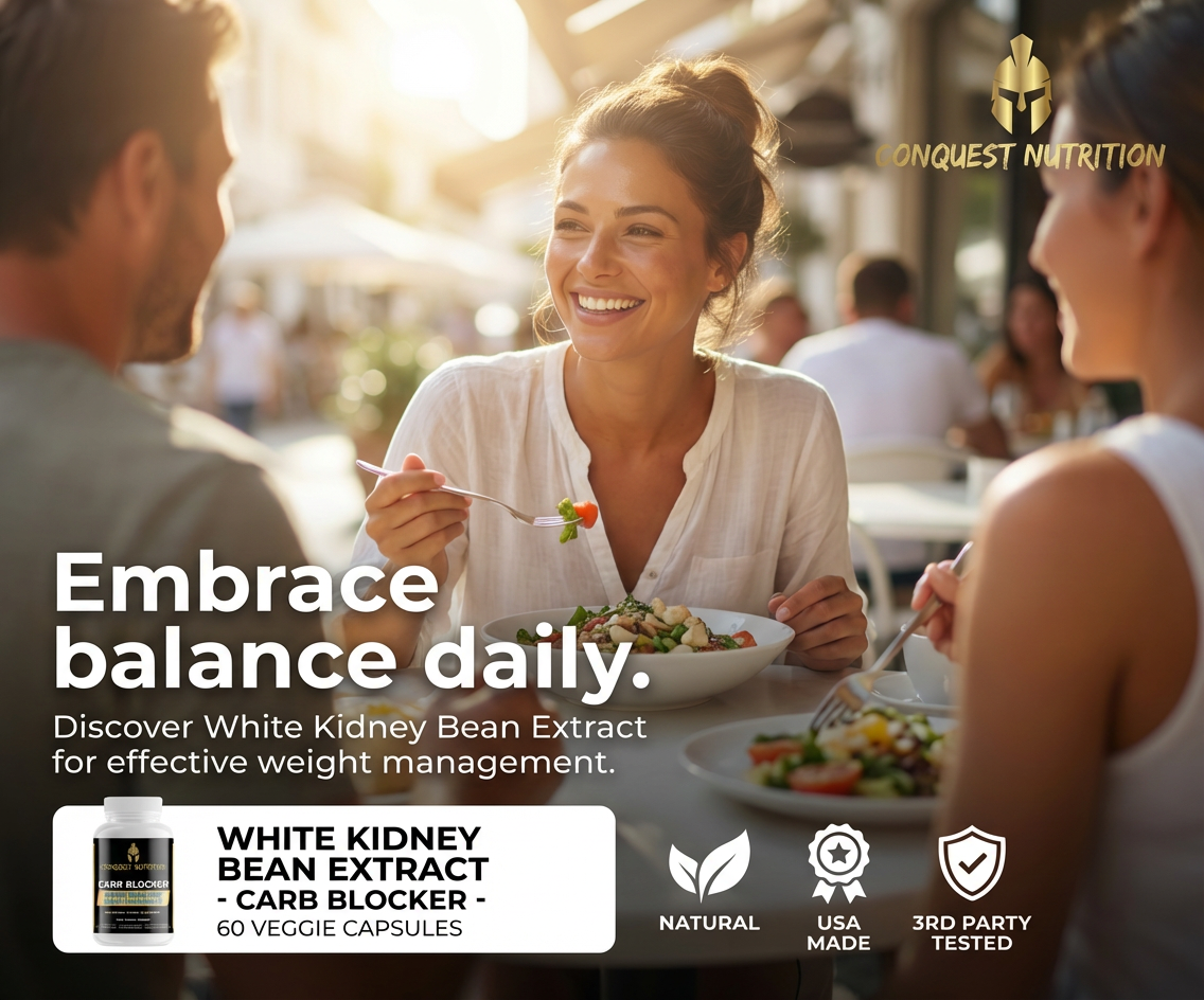 Advertisement for Conquest Nutrition's White Kidney Bean Extract with people enjoying a meal outdoors.