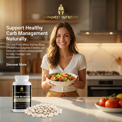 Woman holding a bowl of pasta with Conquest Nutrition product and text about healthy carb management.