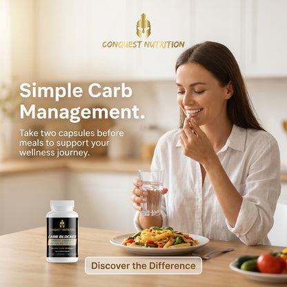 Woman eating a meal with a bottle of Conquest Nutrition supplement in a kitchen setting.