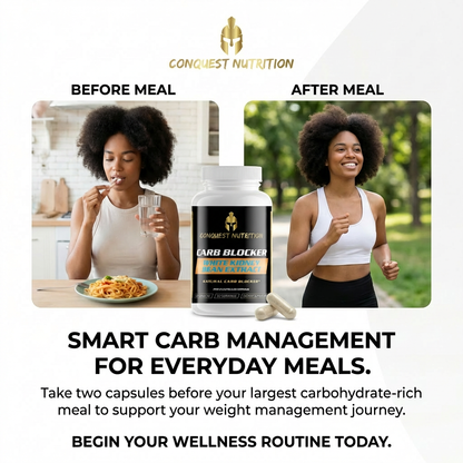 Advertisement for Conquest Nutrition Carb Blocker showing a woman before and after meal with the product.