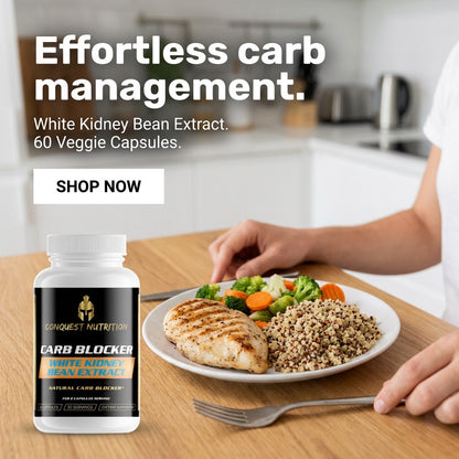 Person preparing a meal with a bottle of Conquest Nutrition Carb Blocker on a kitchen counter.