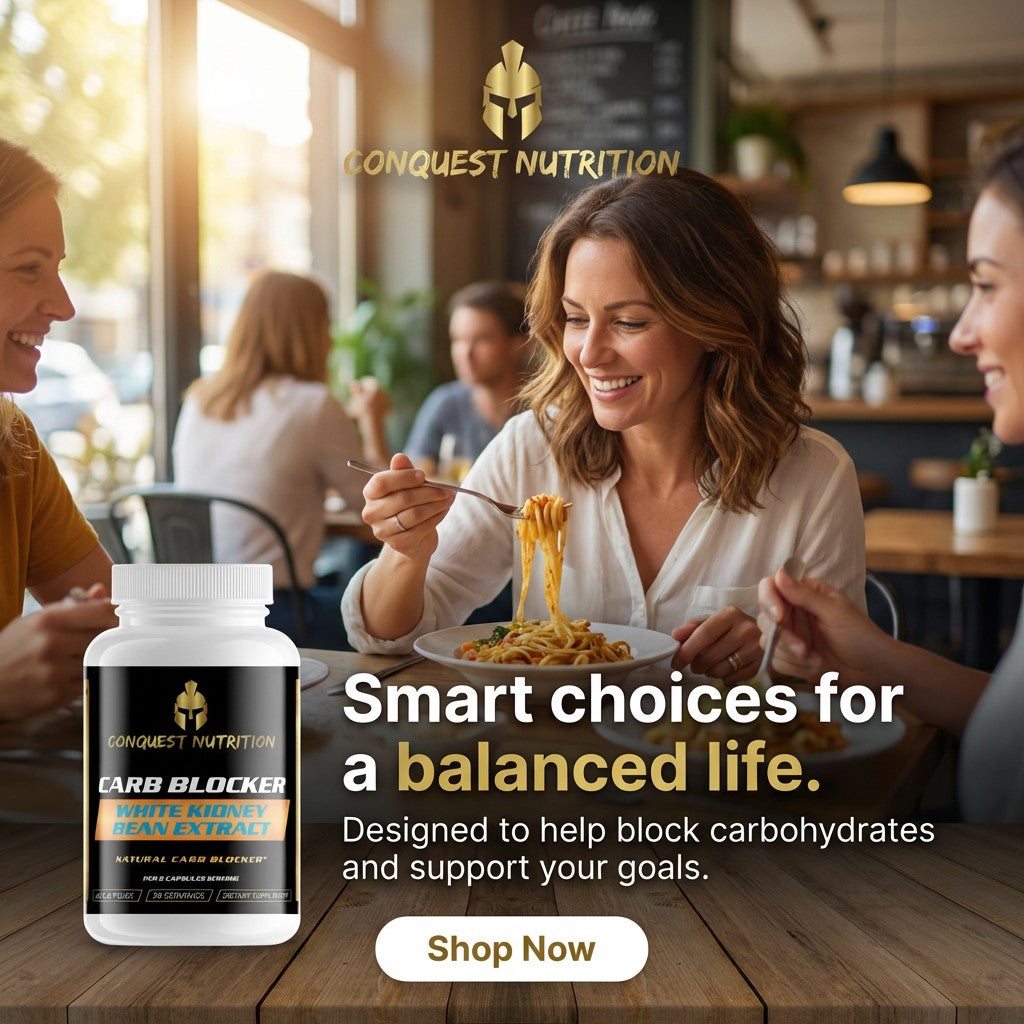 Conquest Nutrition carb blocker supplement with people eating pasta in a restaurant setting