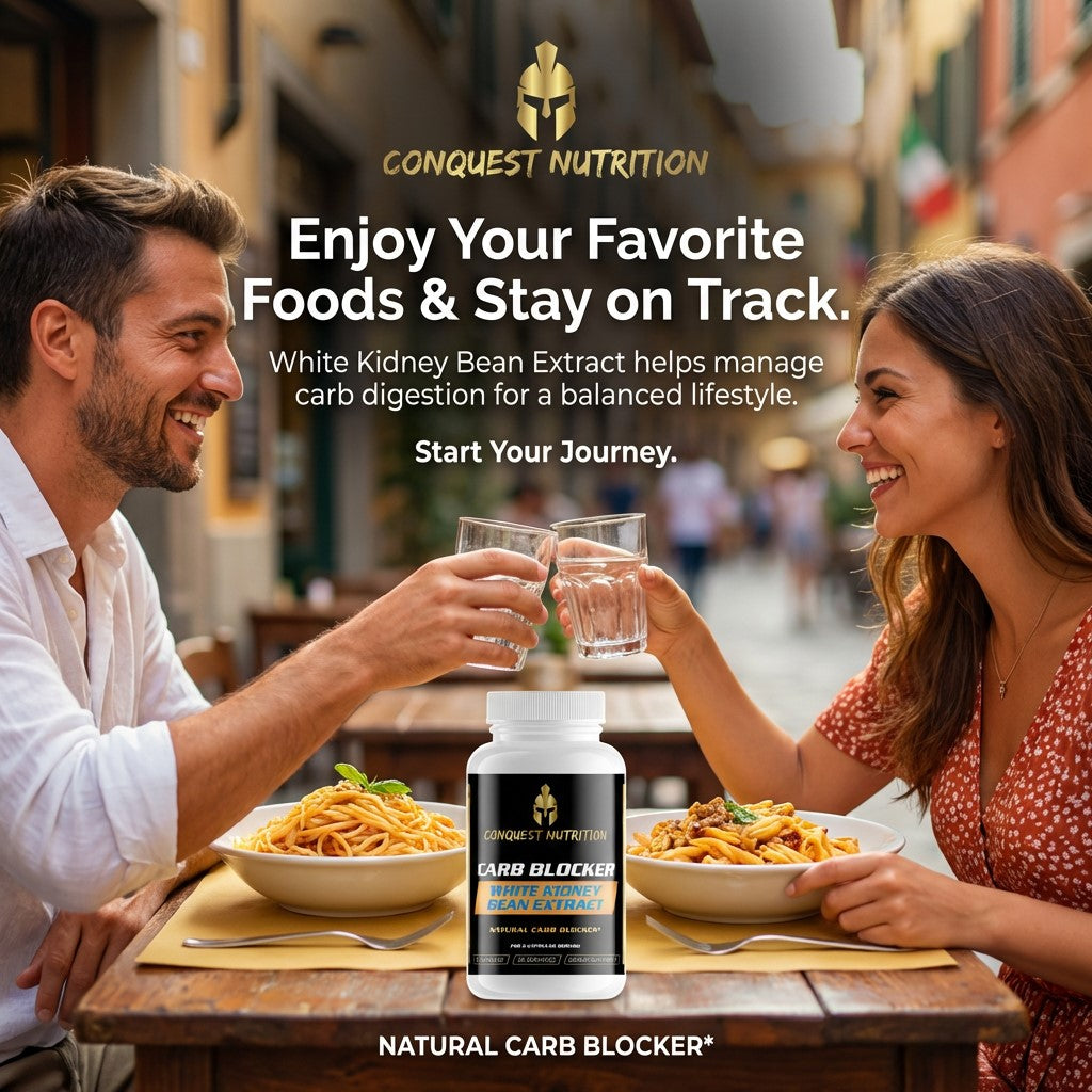 Couple enjoying pasta at an outdoor restaurant with Conquest Nutrition product in the foreground.