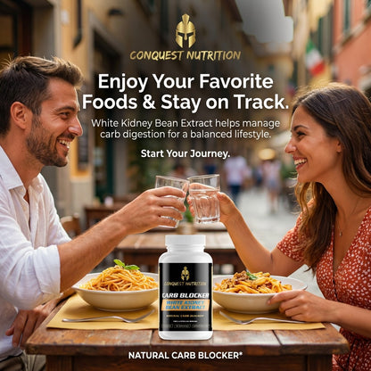 Couple enjoying pasta at an outdoor restaurant with Conquest Nutrition product in the foreground.