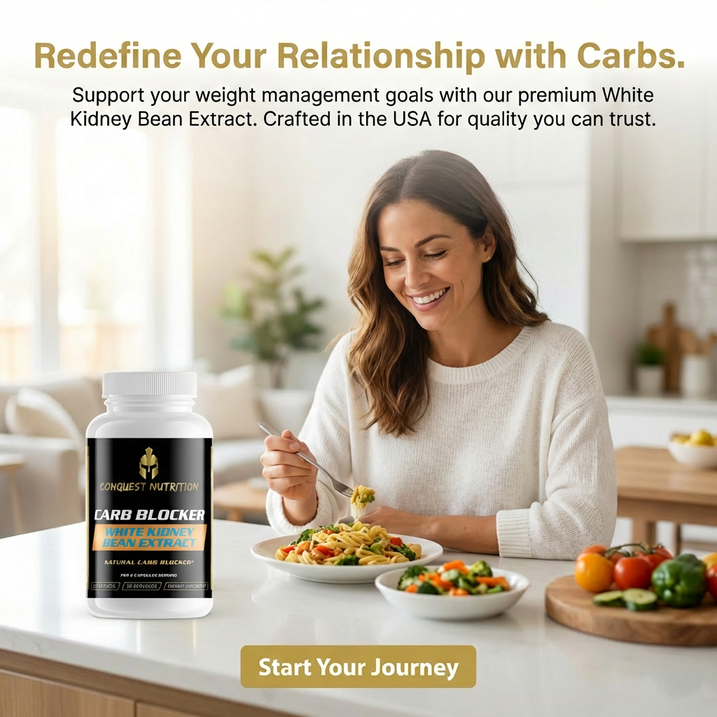 Woman eating a meal with a supplement bottle labeled 'White Kidney Bean Extract' on a kitchen counter.