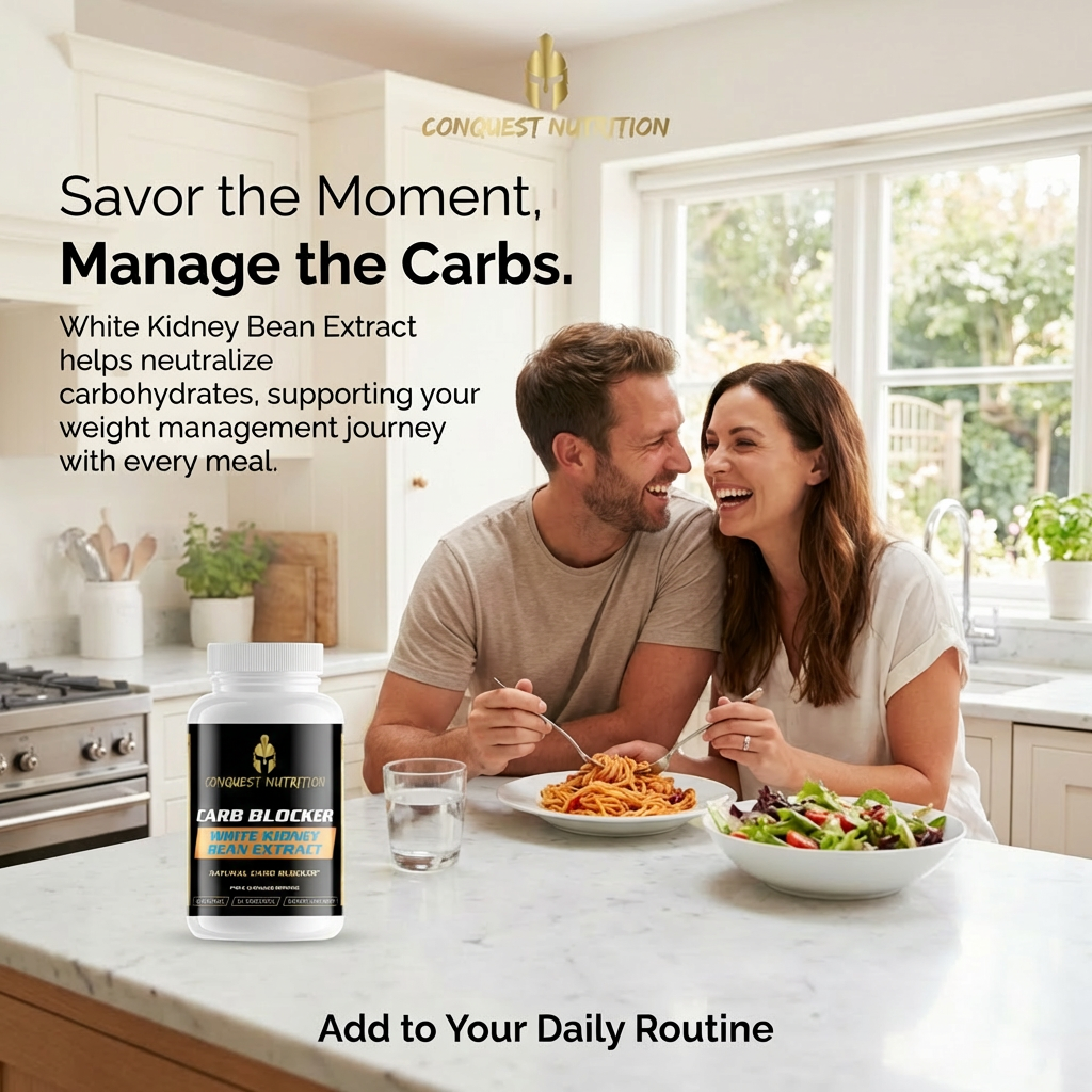 Couple enjoying a meal together with a supplement bottle labeled 'Conquest Nutrition' in the foreground.