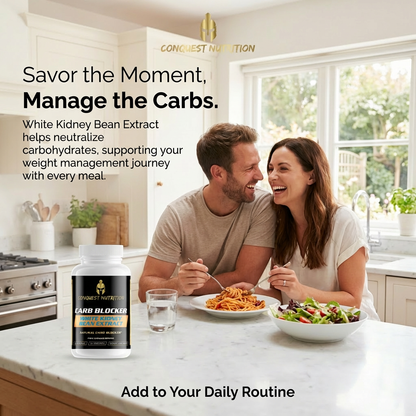 Couple enjoying a meal together with a supplement bottle labeled 'Conquest Nutrition' in the foreground.