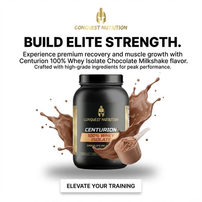 Conquest Nutrition Centurion 100% Whey Isolate Chocolate Milkshake flavor supplement with chocolate milk splashes on a white background.
