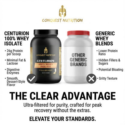 Conquest Nutrition Centurion 100% Whey Isolate container with comparison to generic whey blends on a white background.