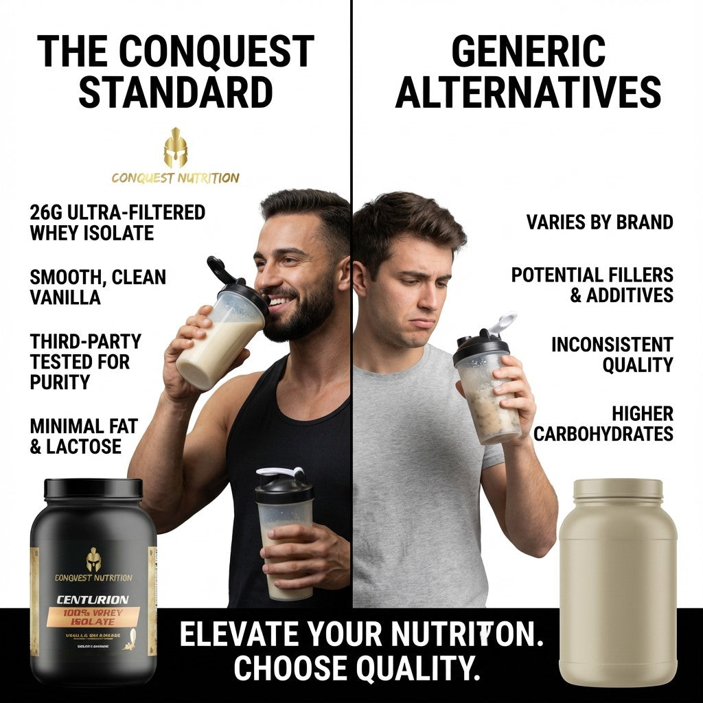 Comparison between 'The Conquest Standard' and 'Generic Alternatives' protein products with text highlighting differences.