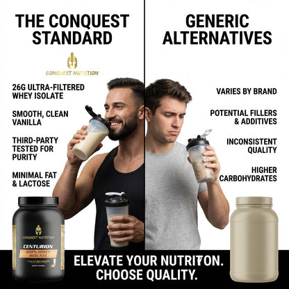 Comparison between 'The Conquest Standard' and 'Generic Alternatives' protein products with text highlighting differences.