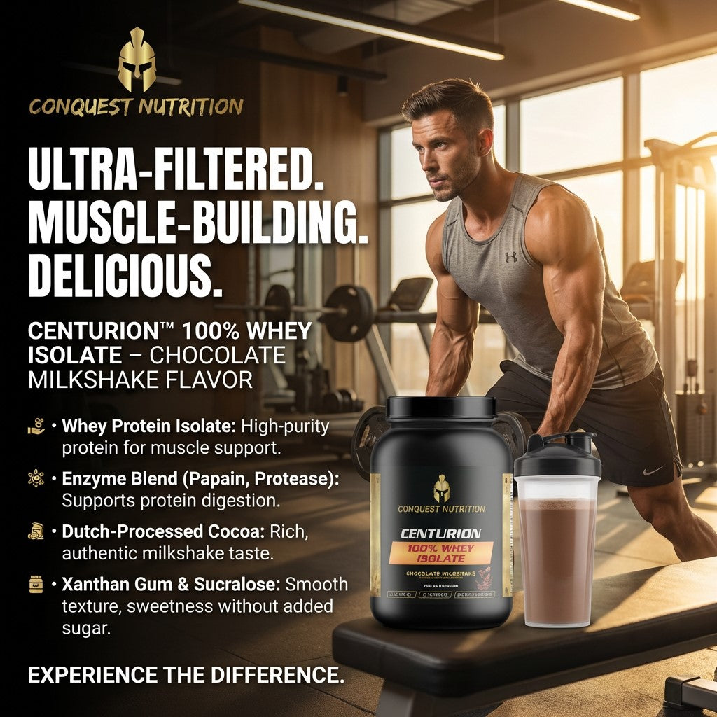 Man in gym holding a protein supplement with promotional text for Conquest Nutrition Centurion whey isolate.