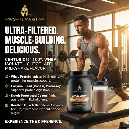 Man in gym holding a protein supplement with promotional text for Conquest Nutrition Centurion whey isolate.