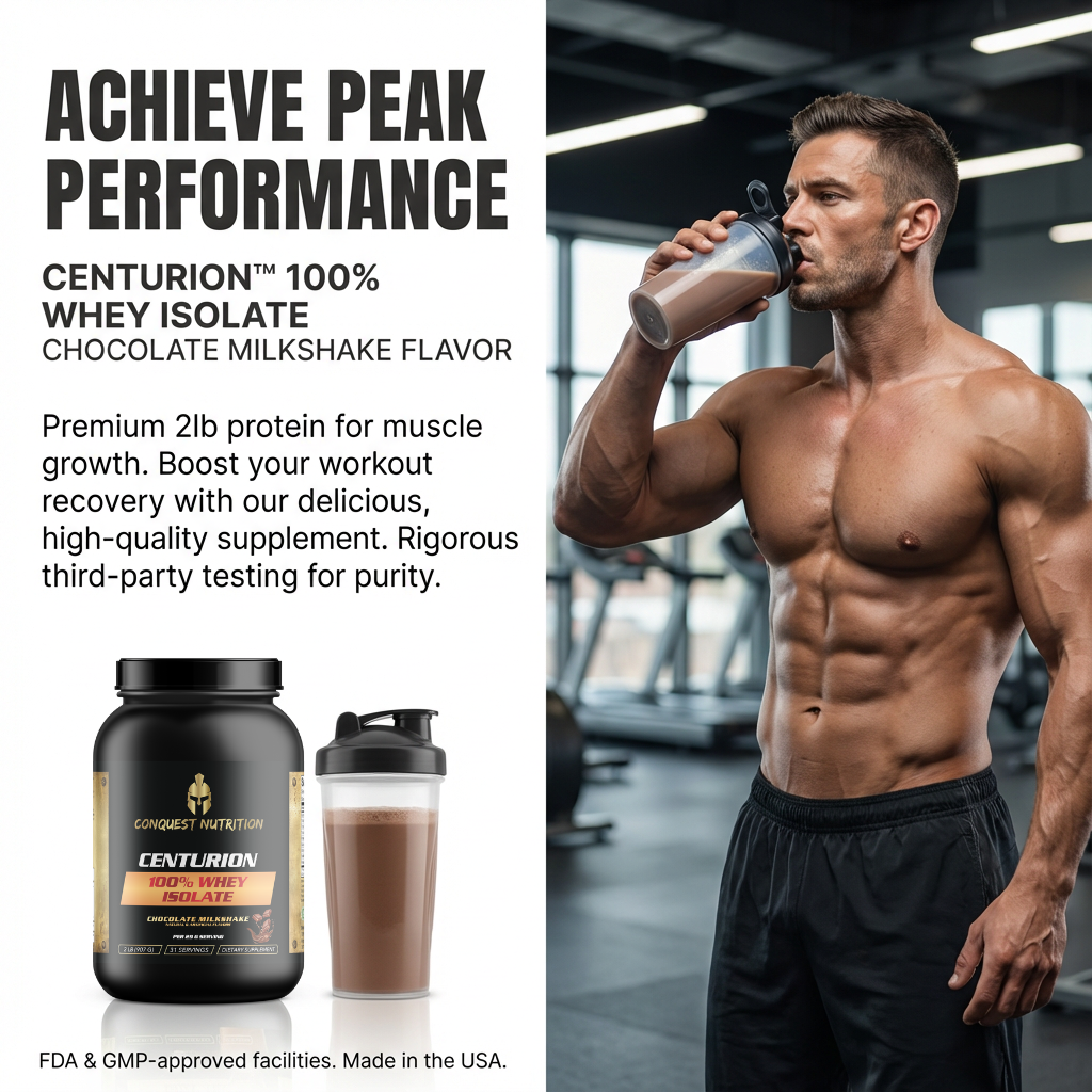 Man drinking a protein shake with Centurion whey isolate supplement in a gym setting
