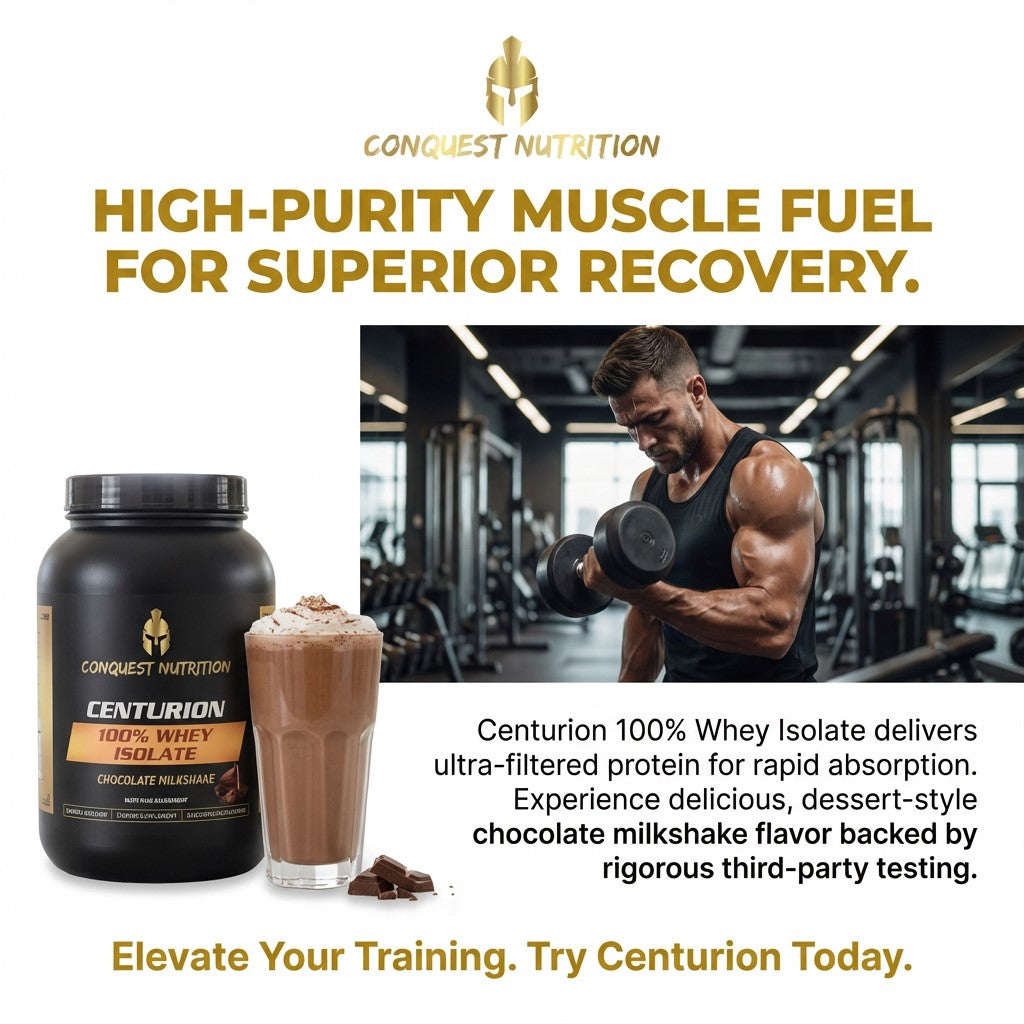 Conquest Nutrition Centurion protein supplement with a man lifting weights in a gym.