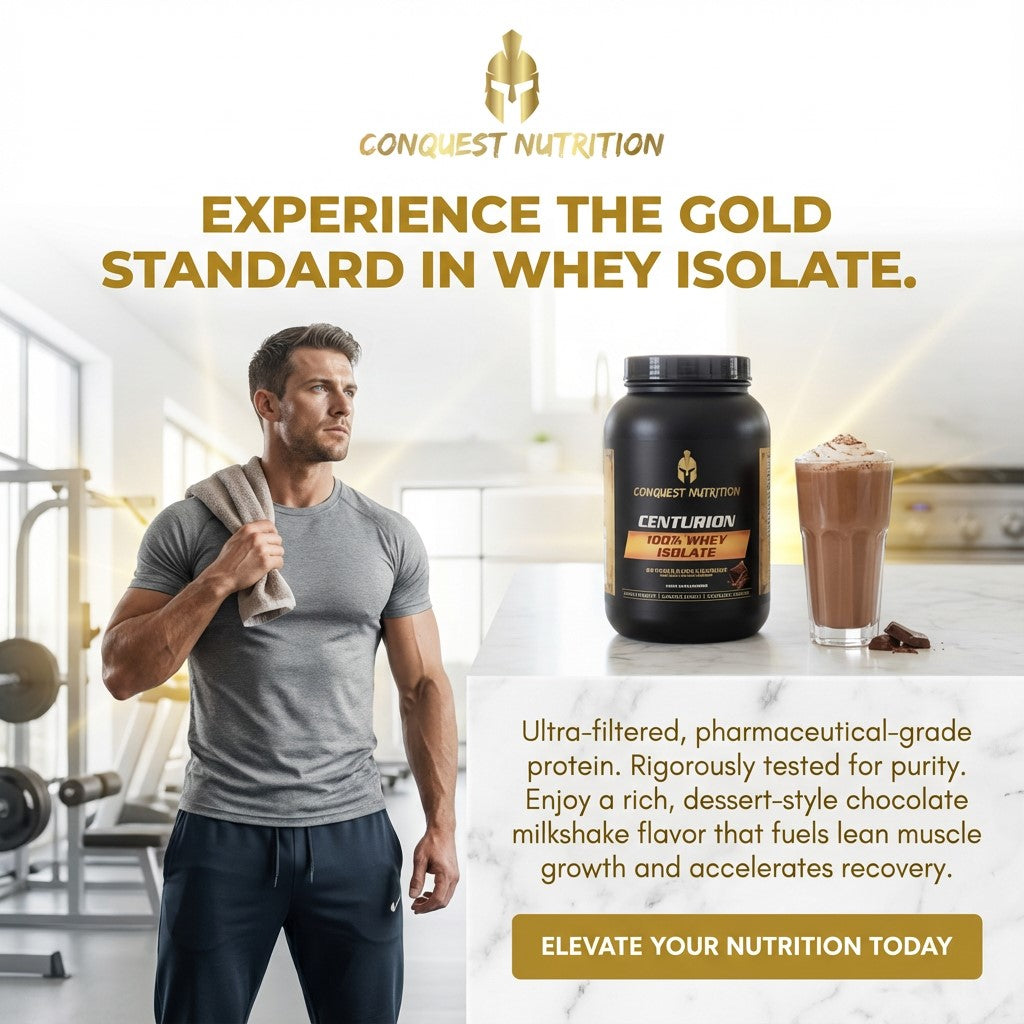 Man in gym holding towel with Conquest Nutrition whey isolate supplement and chocolate shake.