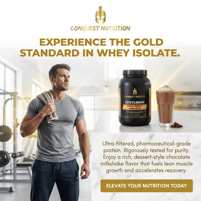 Man in gym holding towel with Conquest Nutrition whey isolate supplement and chocolate shake.