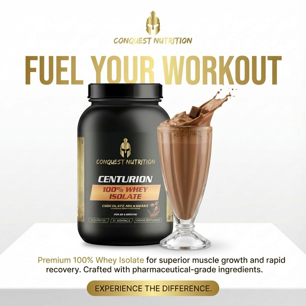 Conquest Nutrition Centurion 100% Whey Isolate protein powder with a chocolate shake on a white background.