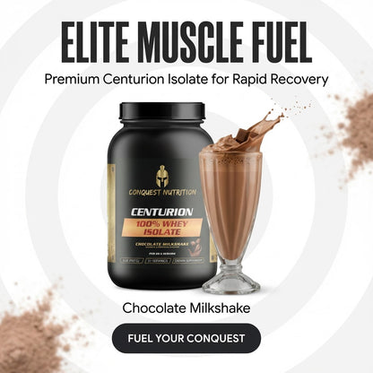 Conquest Nutrition Centurion 100% Whey Isolate container with a chocolate milkshake, labeled as Elite Muscle Fuel.