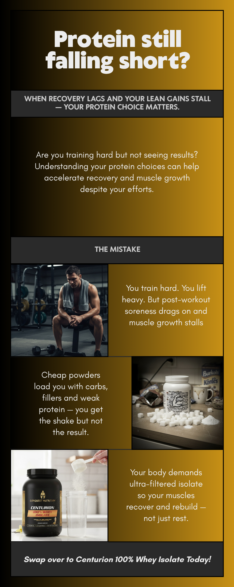 Advertisement about protein powder choices with text and images of a person working out.