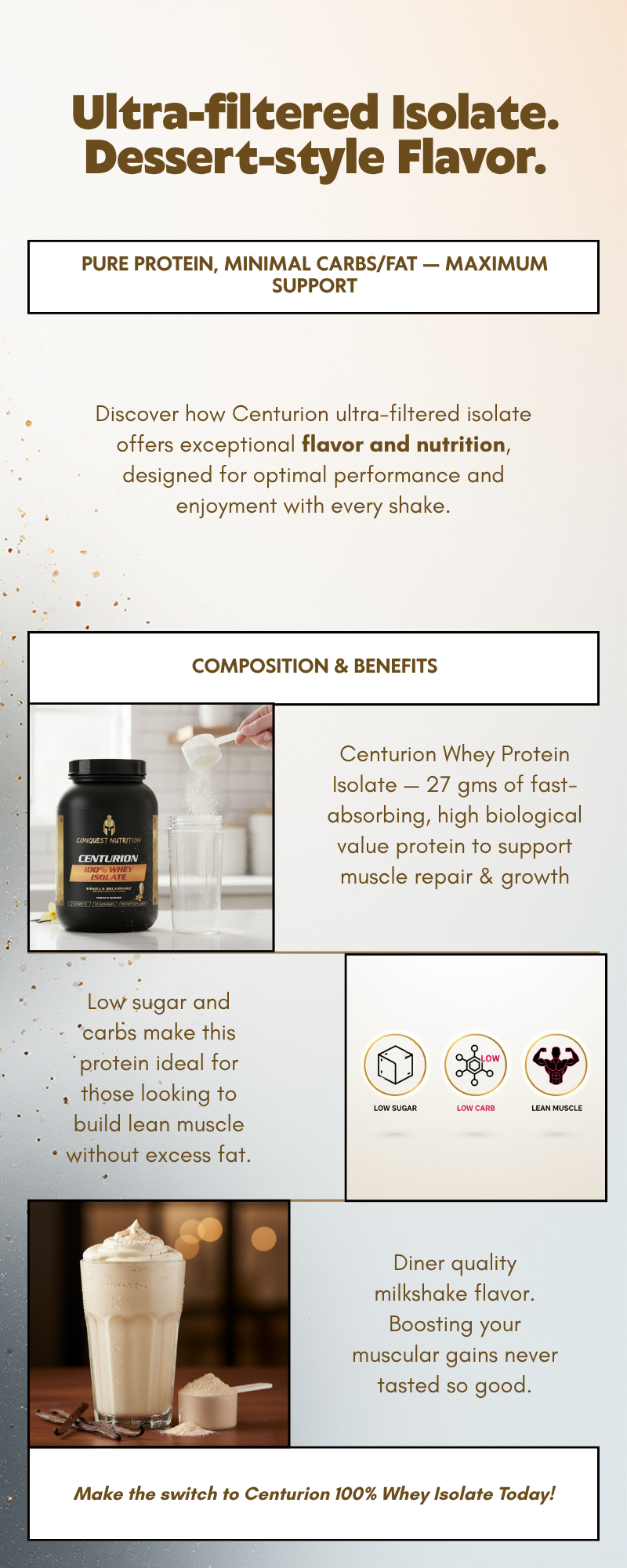 Advertisement for Centorian ultra-filtered isolate protein powder with text and images of the product and benefits.