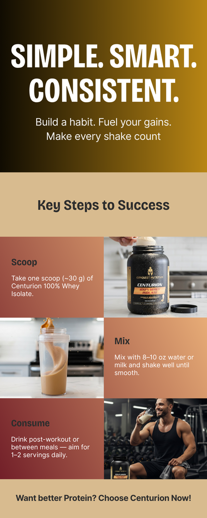 Promotional graphic for Centurion protein with steps to prepare a shake and a person exercising.