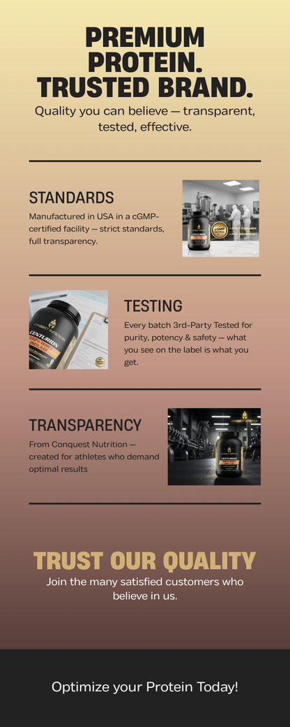 Promotional text for a premium protein brand with claims of quality, transparency, and trustworthiness.