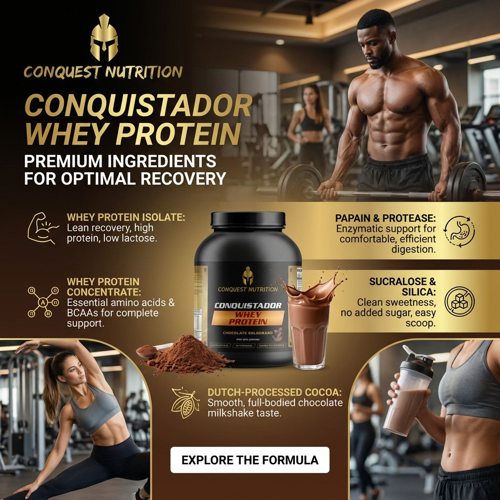 Advertisement for Conquest Nutrition Conquistador Whey Protein with gym setting and product details.