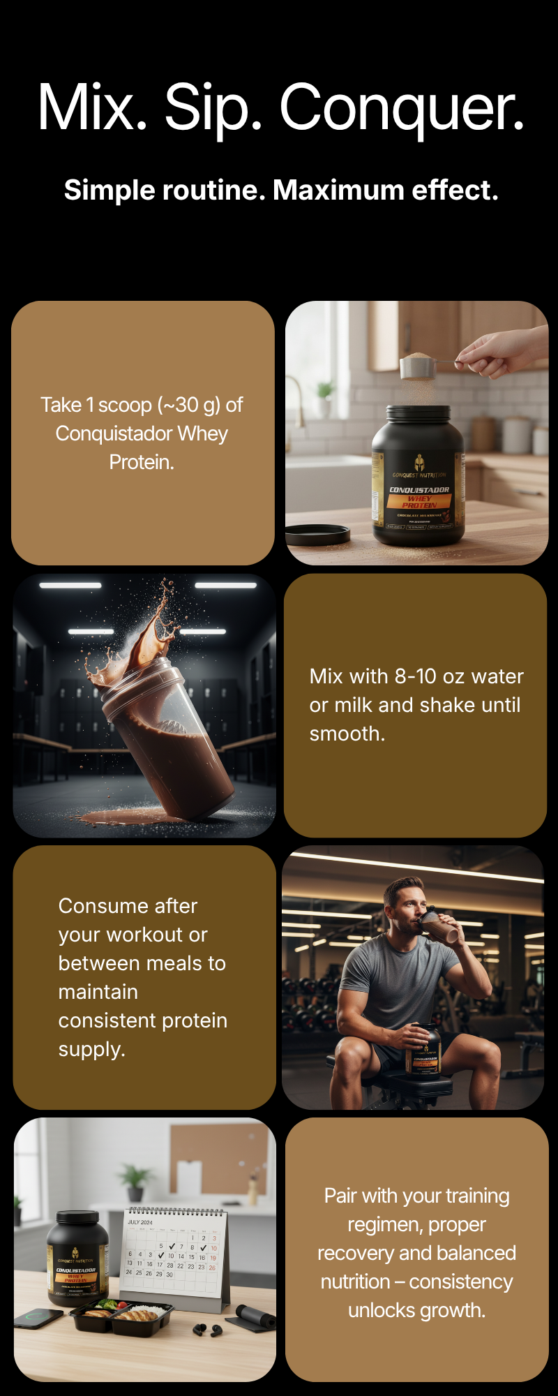 Product advertisement for Conqueror Whey Protein with step-by-step usage instructions.