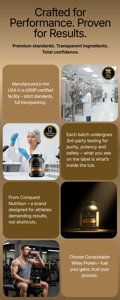 Promotional graphic for Conquest Nutrition products with text and images of people in a lab and using protein, set against a brown background.