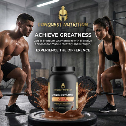 Two people lifting weights with a Conquest Nutrition protein supplement in the foreground.