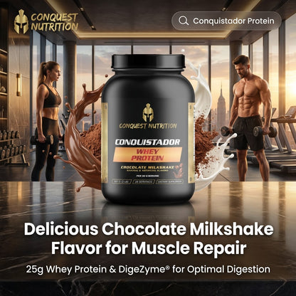 Conquistador Protein container with people working out in the background