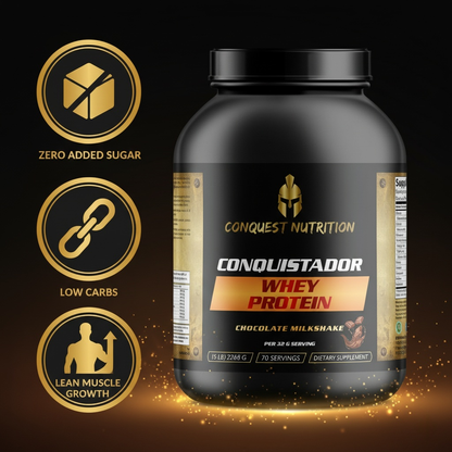 Conquest Nutrition Conquistador Whey Protein container with features on a dark background