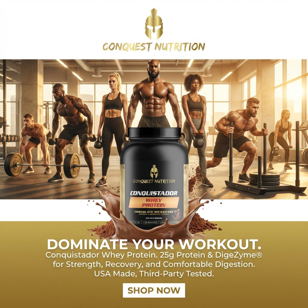 Advertisement for Conquest Nutrition Conquistador Whey Protein with people working out in the background.