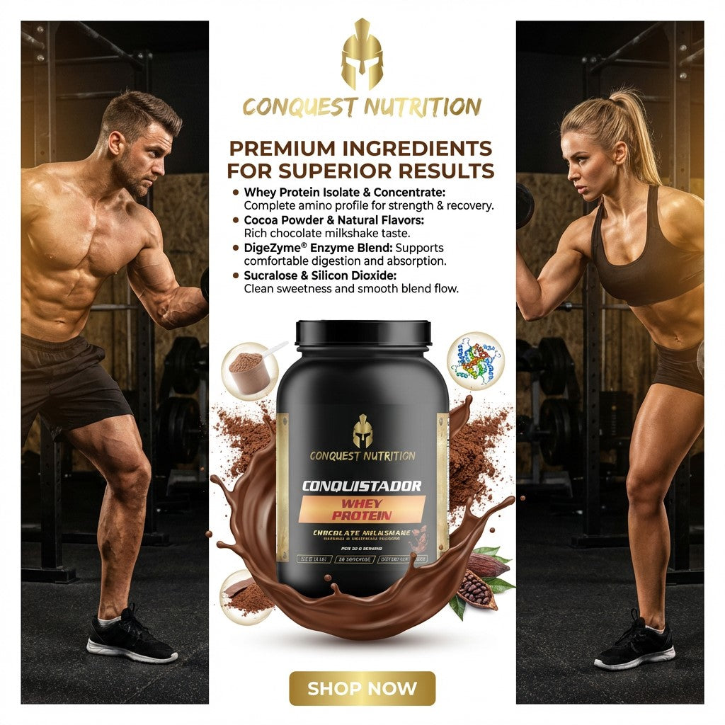 Conquest Nutrition protein supplement with two muscular individuals in a gym setting.